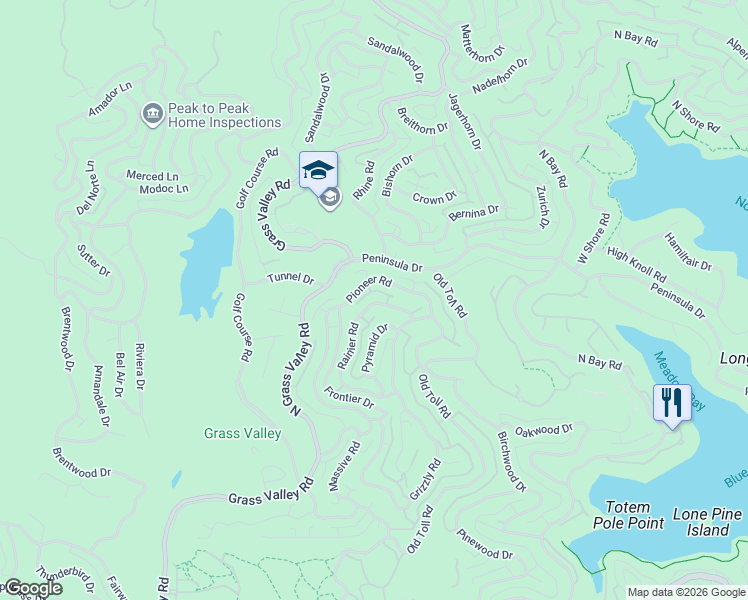 map of restaurants, bars, coffee shops, grocery stores, and more near 528 Rainier Road in Lake Arrowhead