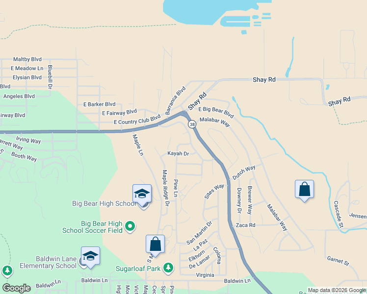 map of restaurants, bars, coffee shops, grocery stores, and more near 223 Mann Drive in Big Bear