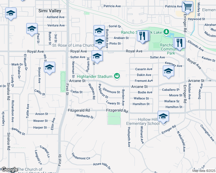 map of restaurants, bars, coffee shops, grocery stores, and more near 1349 Dinsmore Street in Simi Valley