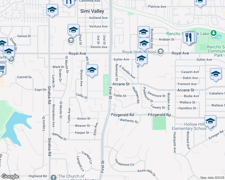 map of restaurants, bars, coffee shops, grocery stores, and more near 1103 Catlin Street in Simi Valley