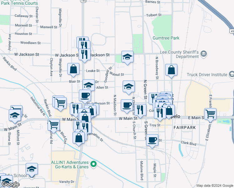 map of restaurants, bars, coffee shops, grocery stores, and more near 326 North Madison Street in Tupelo