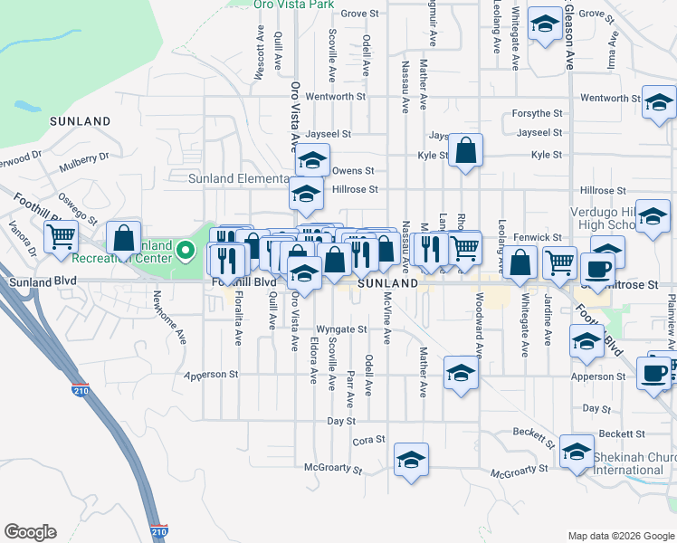 map of restaurants, bars, coffee shops, grocery stores, and more near 8315 Foothill Boulevard in Los Angeles