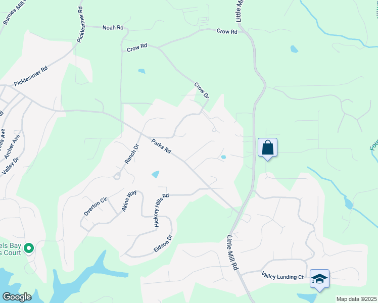 map of restaurants, bars, coffee shops, grocery stores, and more near 5711 Parks Road in Cumming