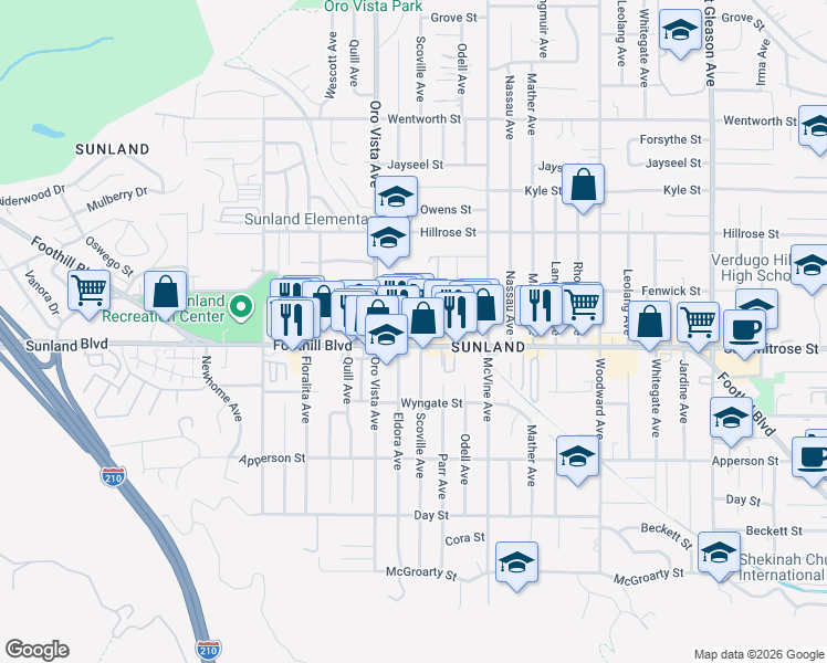 map of restaurants, bars, coffee shops, grocery stores, and more near 8315 Foothill Boulevard in Los Angeles