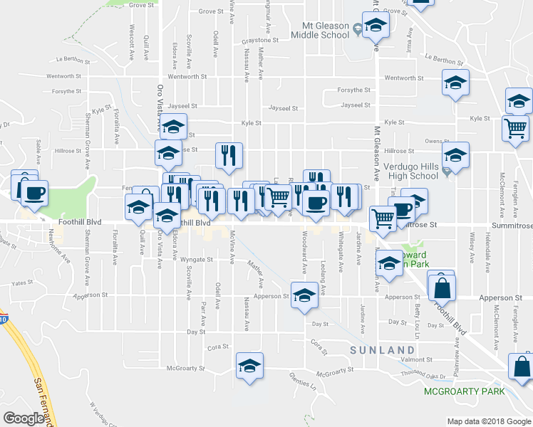 map of restaurants, bars, coffee shops, grocery stores, and more near 10514 Mather Ave in Los Angeles