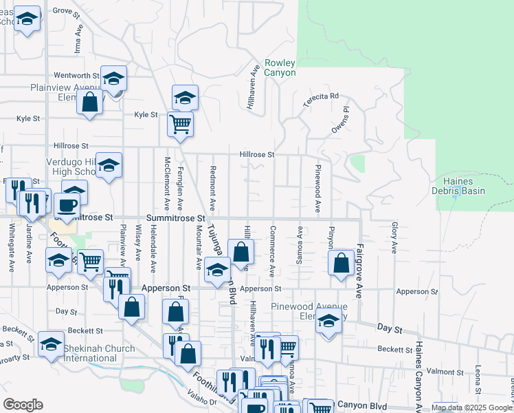 map of restaurants, bars, coffee shops, grocery stores, and more near 10520 Hillhaven Avenue in Los Angeles