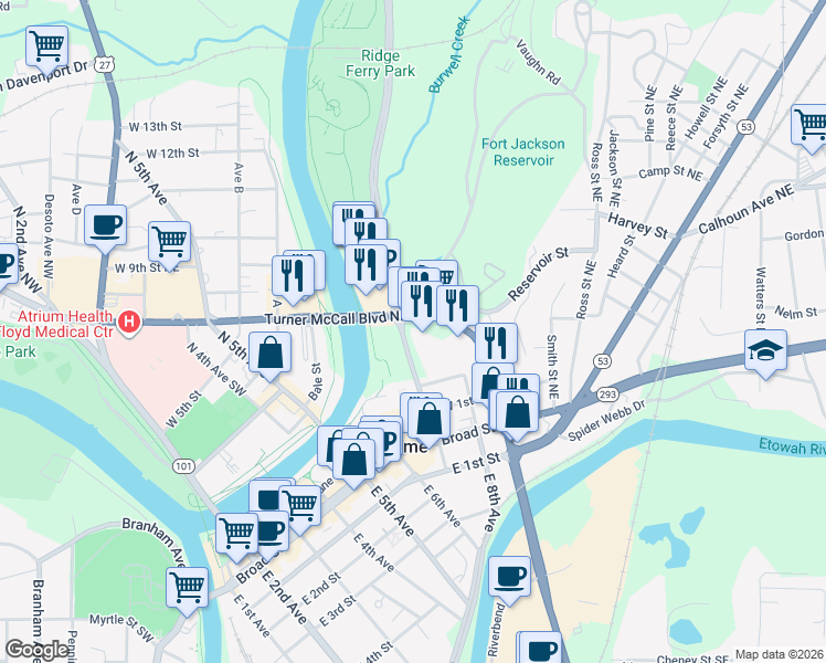 map of restaurants, bars, coffee shops, grocery stores, and more near 820 Turner McCall Boulevard in Rome