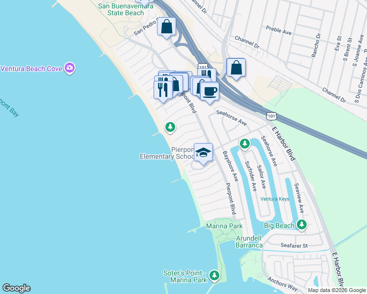 map of restaurants, bars, coffee shops, grocery stores, and more near 1216 Kingston Lane in Ventura