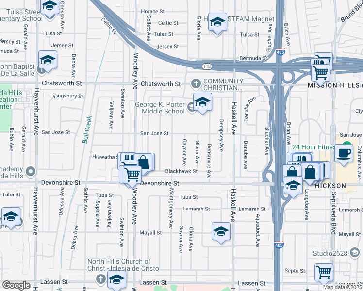 map of restaurants, bars, coffee shops, grocery stores, and more near 10431 Densmore Avenue in San Fernando