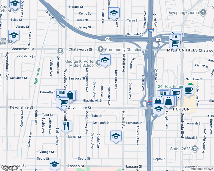 map of restaurants, bars, coffee shops, grocery stores, and more near 10431 Densmore Avenue in San Fernando