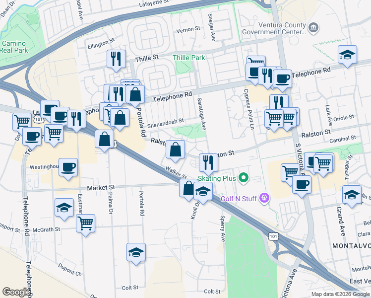 map of restaurants, bars, coffee shops, grocery stores, and more near 1484 Zion Way in Ventura