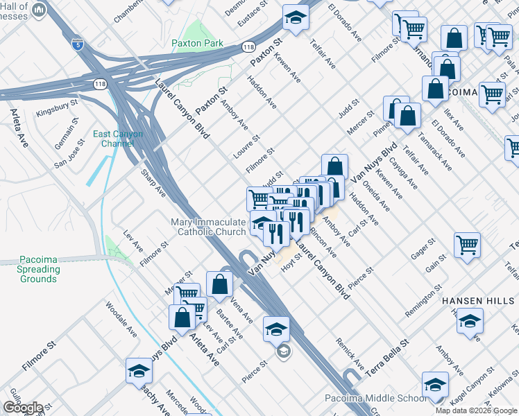 map of restaurants, bars, coffee shops, grocery stores, and more near 13809 Mercer Street in Los Angeles