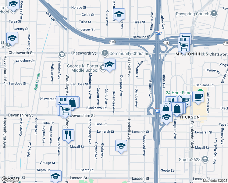map of restaurants, bars, coffee shops, grocery stores, and more near 10431 Densmore Avenue in San Fernando