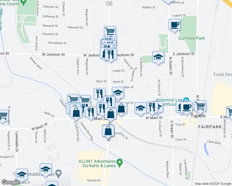 map of restaurants, bars, coffee shops, grocery stores, and more near 720 West Jefferson Street in Tupelo