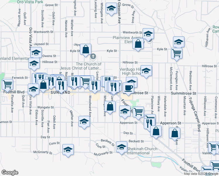 map of restaurants, bars, coffee shops, grocery stores, and more near 7819 Foothill Boulevard in Los Angeles