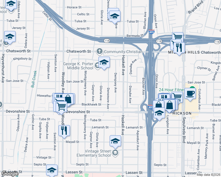 map of restaurants, bars, coffee shops, grocery stores, and more near 10425 Dempsey Avenue in Los Angeles