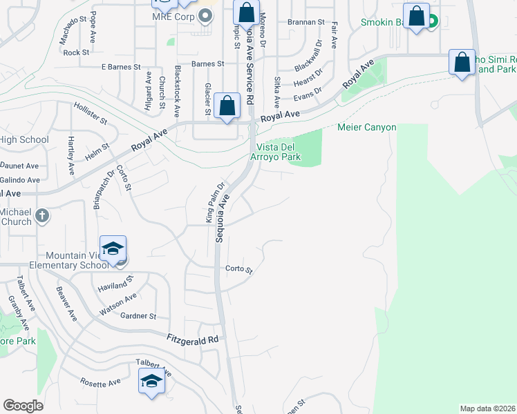 map of restaurants, bars, coffee shops, grocery stores, and more near 3411 Coastal Oak Drive in Simi Valley