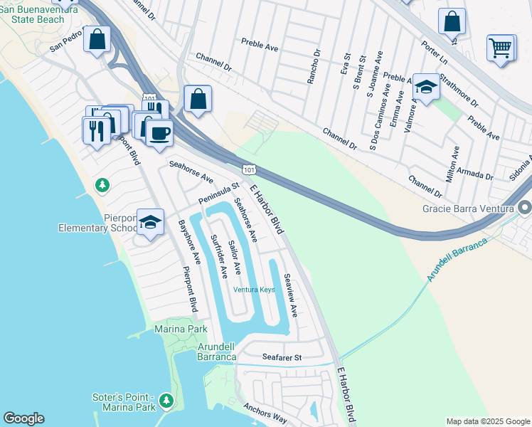 map of restaurants, bars, coffee shops, grocery stores, and more near 901 Seaside Court in Ventura