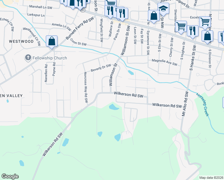 map of restaurants, bars, coffee shops, grocery stores, and more near 400 Wilkerson Road Southwest in Rome