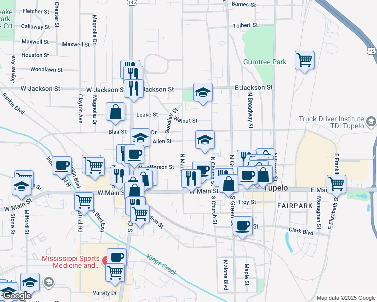 map of restaurants, bars, coffee shops, grocery stores, and more near 323 North Madison Street in Tupelo
