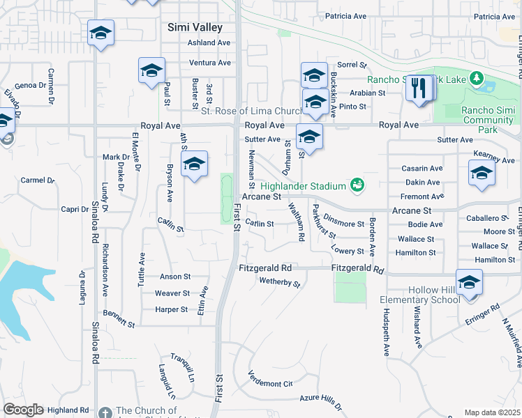map of restaurants, bars, coffee shops, grocery stores, and more near 1130 Hudson Court in Simi Valley