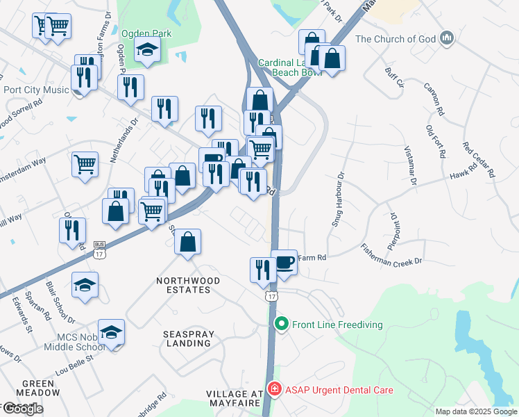 map of restaurants, bars, coffee shops, grocery stores, and more near 6840 Market Street in Wilmington