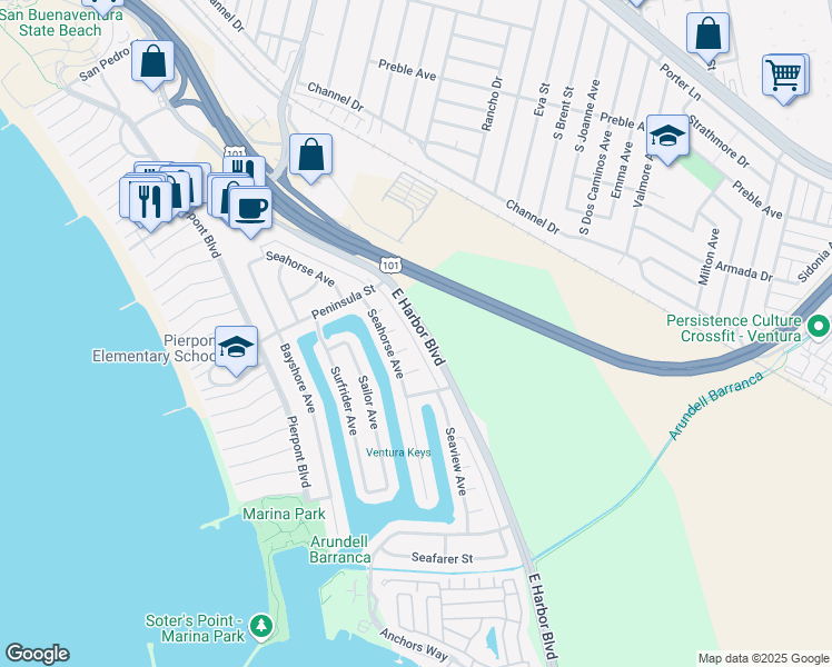 map of restaurants, bars, coffee shops, grocery stores, and more near 2733 East Harbor Boulevard in Ventura