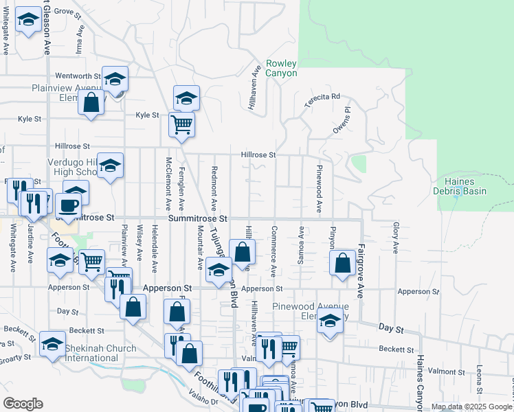 map of restaurants, bars, coffee shops, grocery stores, and more near 10520 Hillhaven Avenue in Los Angeles
