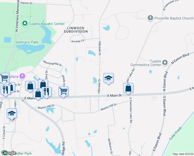 map of restaurants, bars, coffee shops, grocery stores, and more near 2099 Murphree Drive in Tupelo