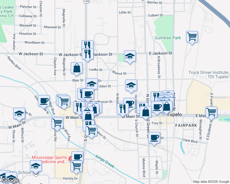 map of restaurants, bars, coffee shops, grocery stores, and more near 323 North Madison Street in Tupelo