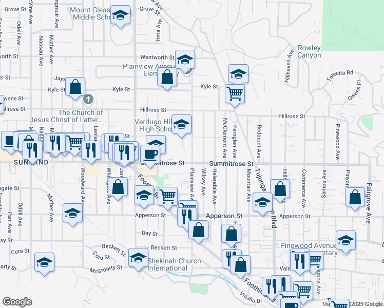 map of restaurants, bars, coffee shops, grocery stores, and more near 10520 Helendale Avenue in Los Angeles