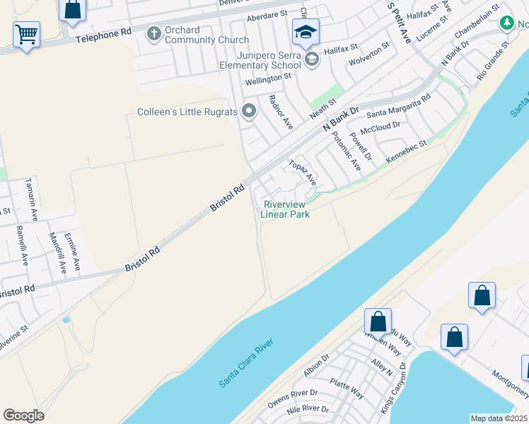 map of restaurants, bars, coffee shops, grocery stores, and more near 1869 Rogue River Circle in Ventura