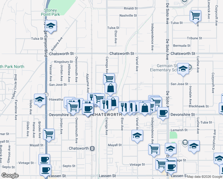 map of restaurants, bars, coffee shops, grocery stores, and more near 10444 Canoga Avenue in Los Angeles
