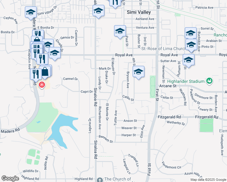 map of restaurants, bars, coffee shops, grocery stores, and more near 1182 El Monte Drive in Simi Valley