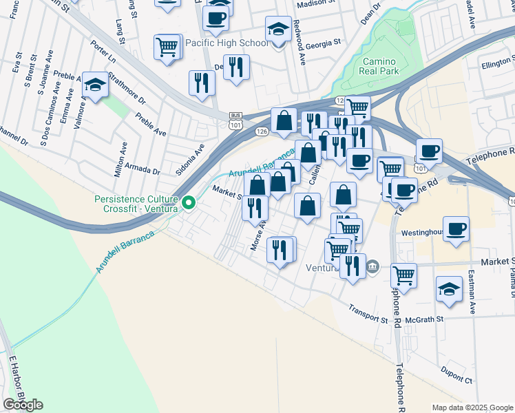 map of restaurants, bars, coffee shops, grocery stores, and more near 3804 Market Street in Ventura