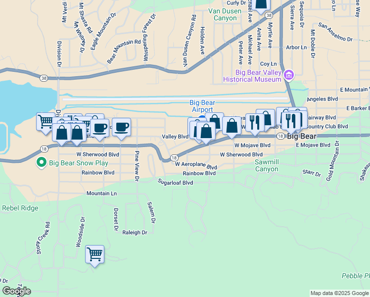 map of restaurants, bars, coffee shops, grocery stores, and more near 601 West Big Bear Boulevard in Big Bear