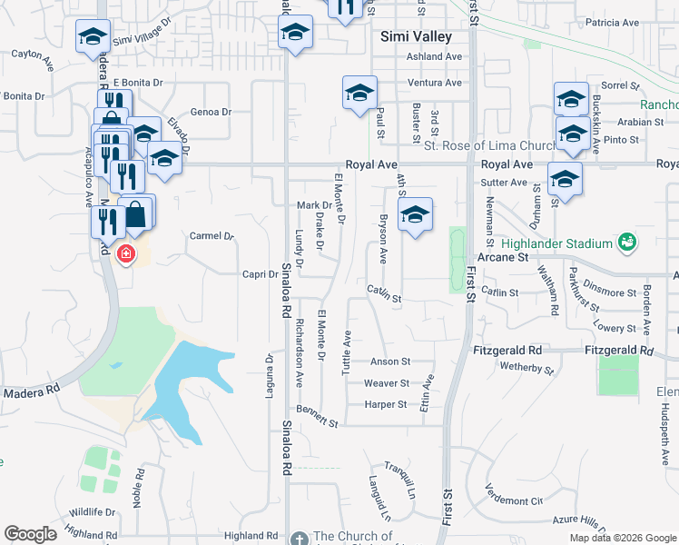 map of restaurants, bars, coffee shops, grocery stores, and more near 1182 El Monte Drive in Simi Valley