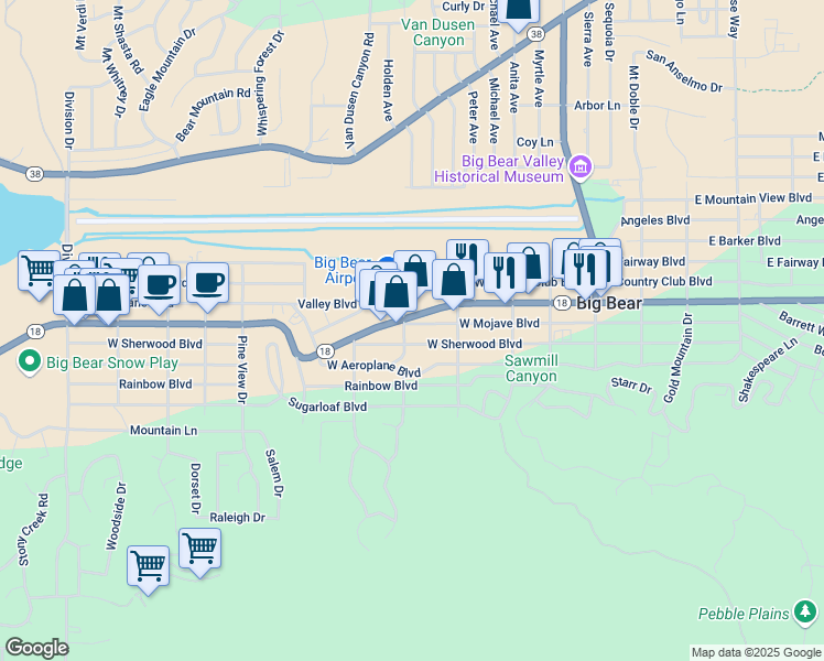 map of restaurants, bars, coffee shops, grocery stores, and more near 440 West Mojave Boulevard in Big Bear