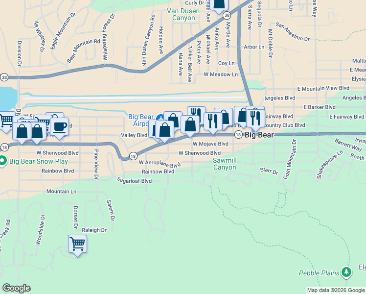 map of restaurants, bars, coffee shops, grocery stores, and more near 416 West Mojave Boulevard in Big Bear