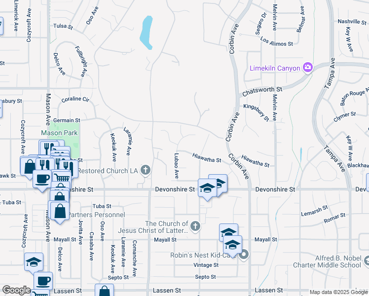 map of restaurants, bars, coffee shops, grocery stores, and more near 19941 Hiawatha Street in Los Angeles