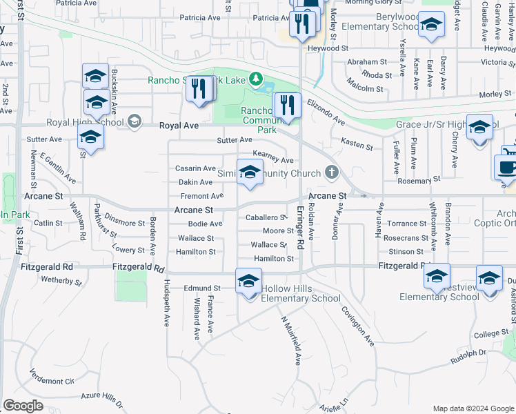 map of restaurants, bars, coffee shops, grocery stores, and more near 1768 Arcane Street in Simi Valley