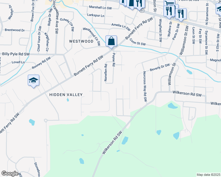 map of restaurants, bars, coffee shops, grocery stores, and more near 107 East Clinton Drive Southwest in Rome