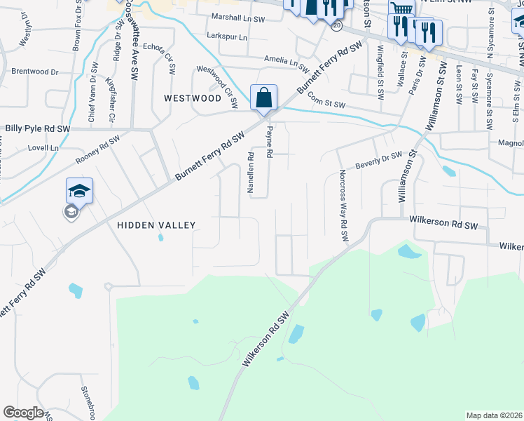 map of restaurants, bars, coffee shops, grocery stores, and more near 107 East Clinton Drive Southwest in Rome