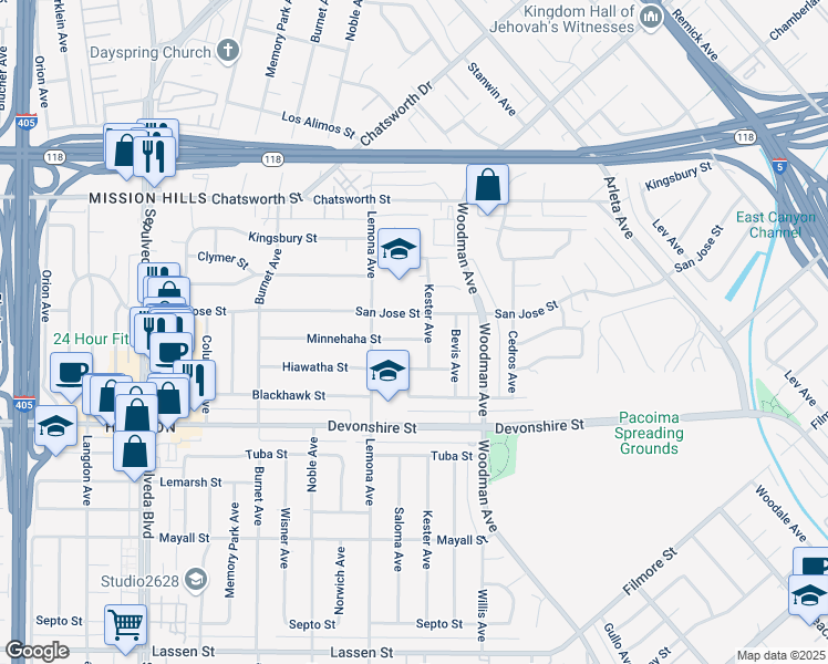 map of restaurants, bars, coffee shops, grocery stores, and more near 10425 Kester Avenue in Los Angeles