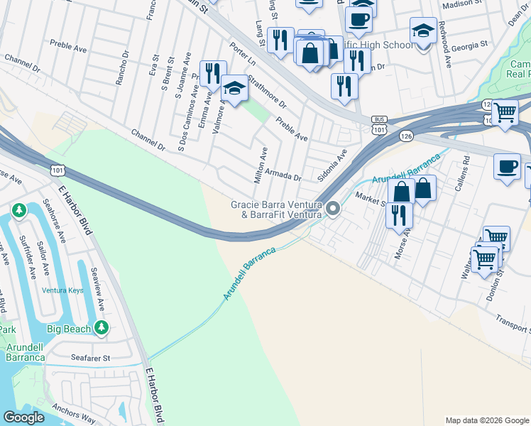 map of restaurants, bars, coffee shops, grocery stores, and more near 3244 Channel Drive in Ventura