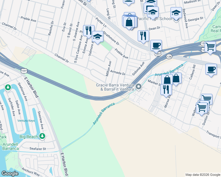 map of restaurants, bars, coffee shops, grocery stores, and more near 3244 Channel Drive in Ventura