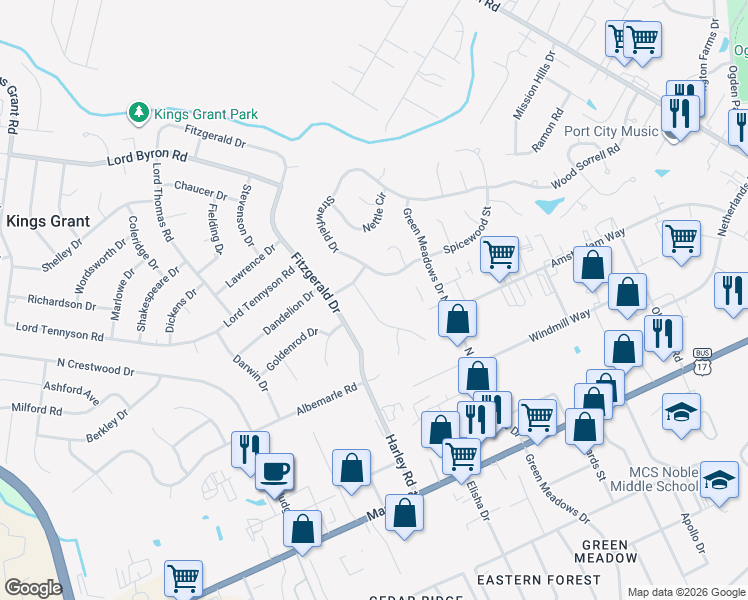 map of restaurants, bars, coffee shops, grocery stores, and more near 721-725 Bracken Fern Drive in Wilmington
