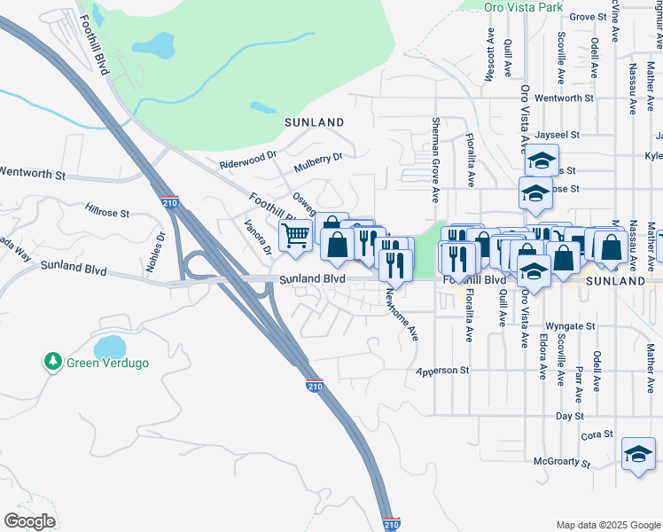 map of restaurants, bars, coffee shops, grocery stores, and more near 10501 Sunland Boulevard in Los Angeles