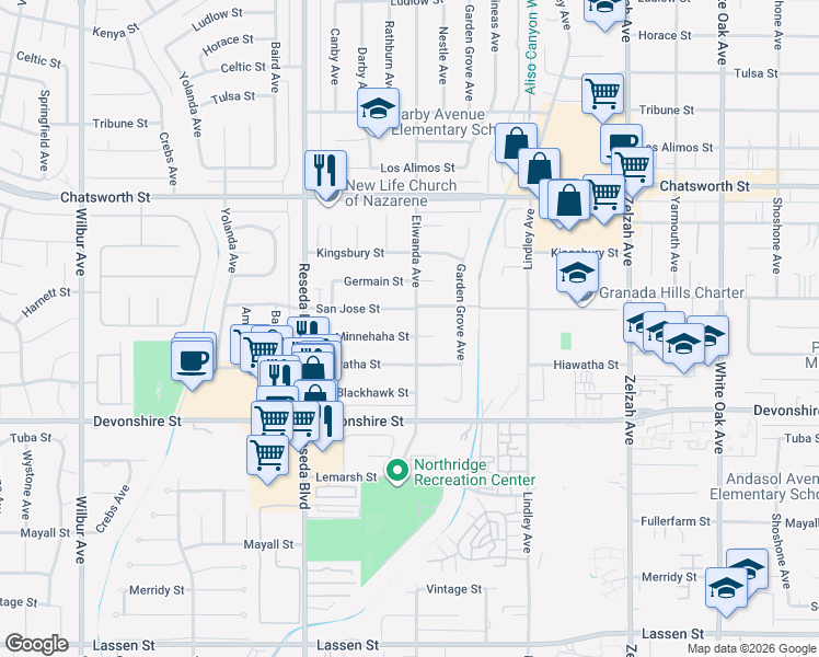 map of restaurants, bars, coffee shops, grocery stores, and more near 18301 Minnehaha Street in Los Angeles