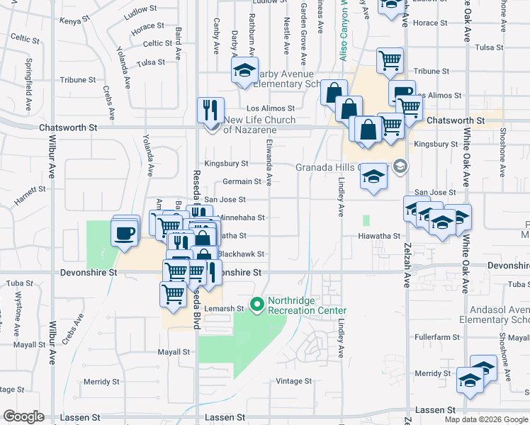 map of restaurants, bars, coffee shops, grocery stores, and more near 18260 Minnehaha Street in Los Angeles